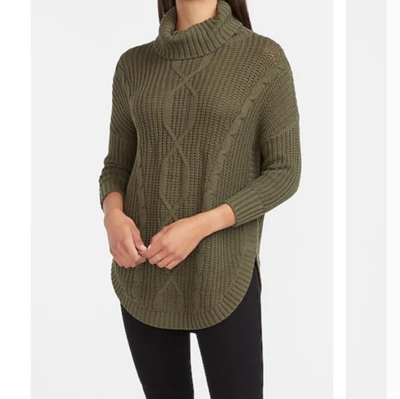 Express Cable Knit Cowl Neck Circle Hem Olive Green Sweater Size Small NWT - Picture 1 of 9